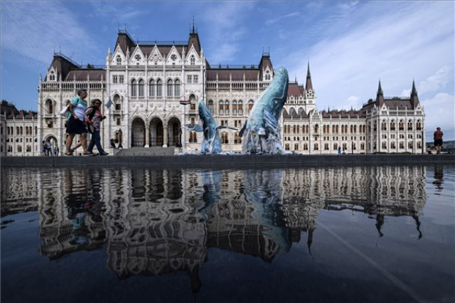 A Greenpeace műanyaghulladékból készült bálnaszobrai Budapesten